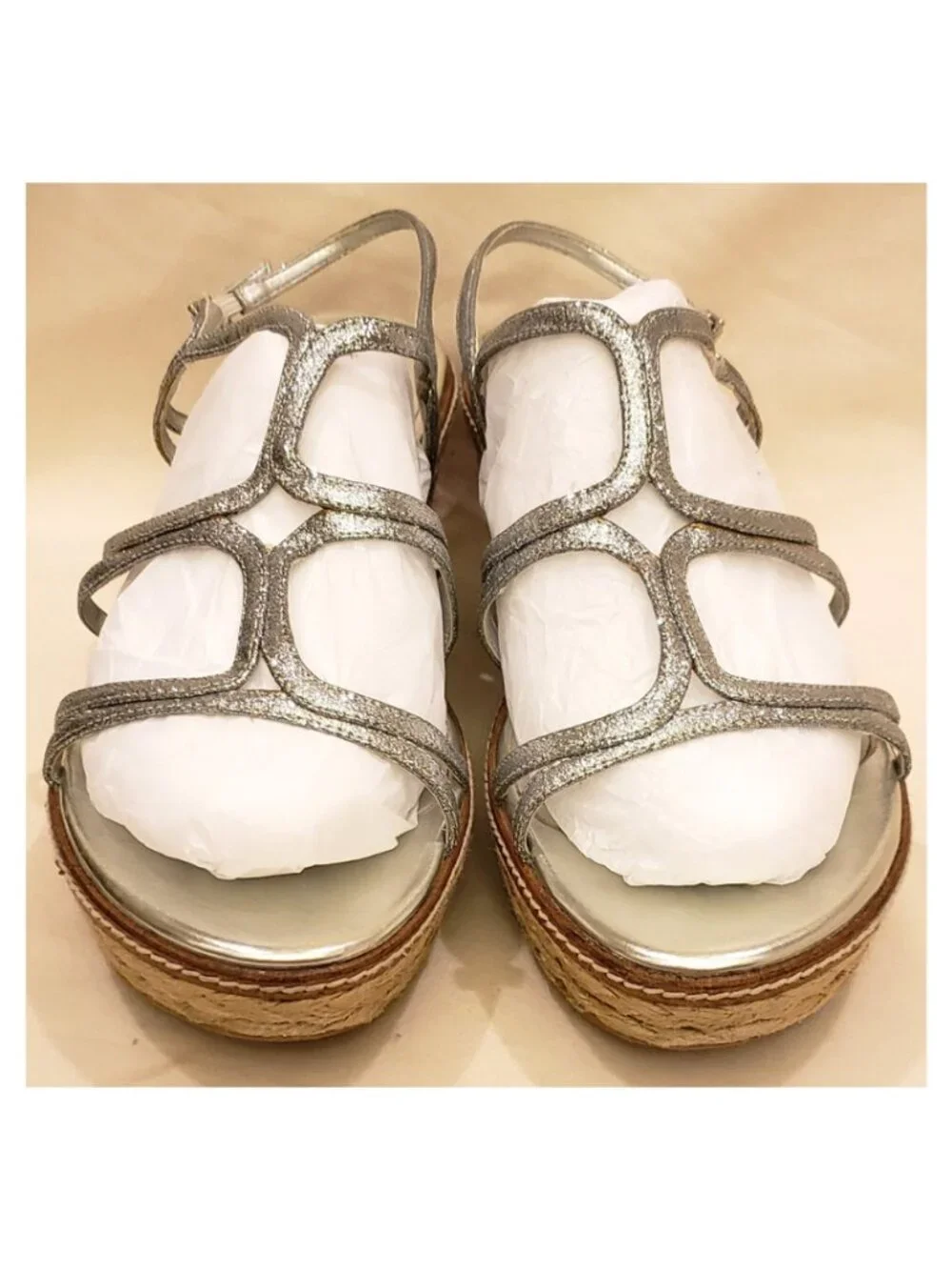 Stuart Weitzman Espadrille Wedge Strappy Sandals Size 10M Silver Glitter Leather